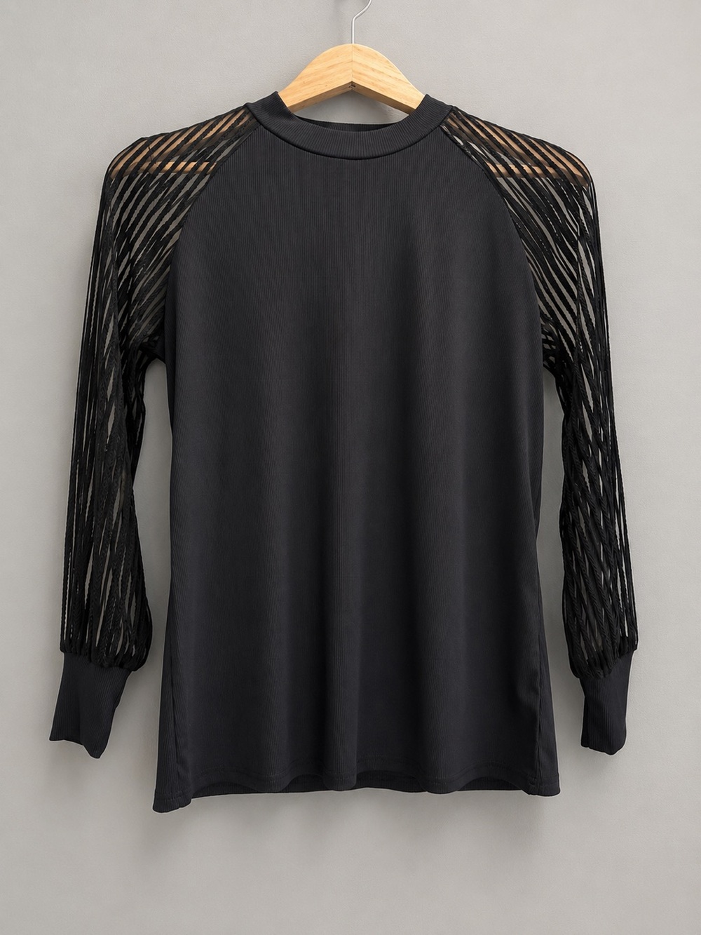 Black Ribbed Mesh Sleeve Blouse Top Womens Small Sheer Long Sleeve